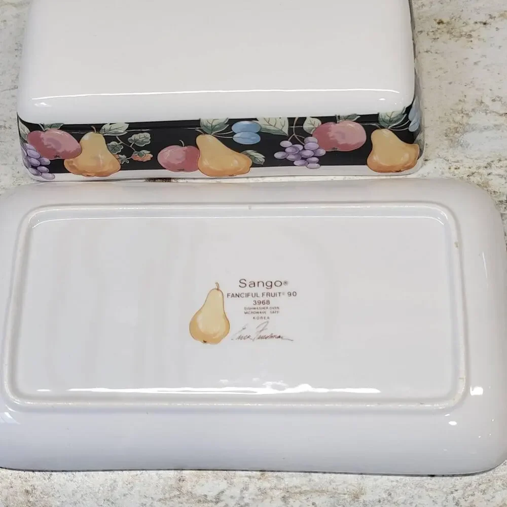 Vintage Sango Fanciful Fruit Covered Butter Dish Salt & Pepper Shaker Set 3pc